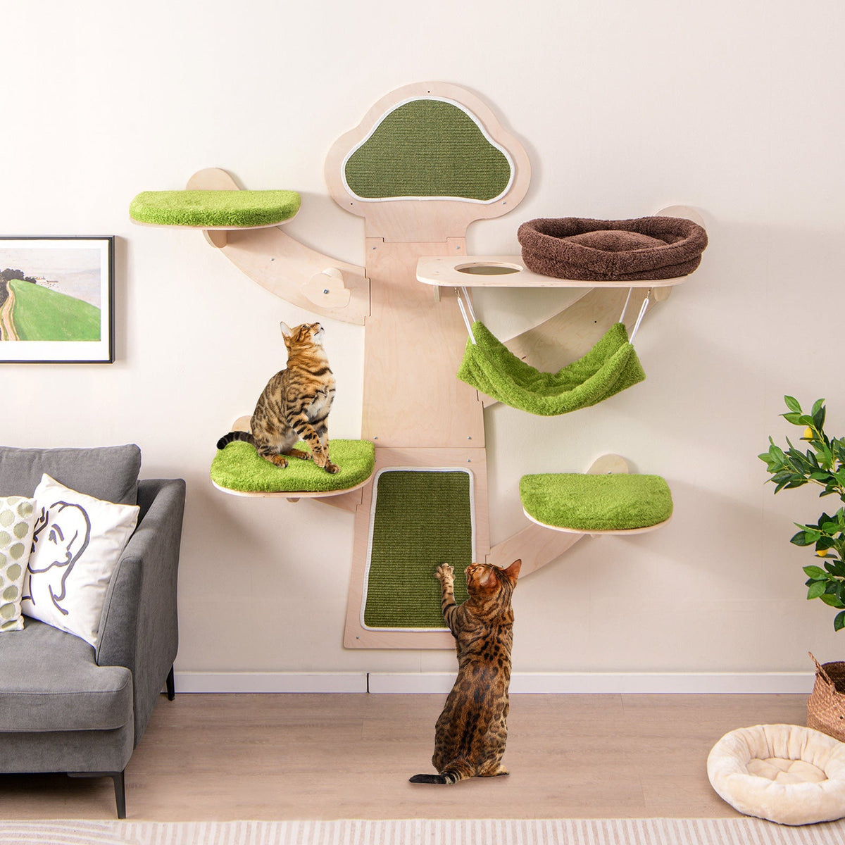 Wall-Mounted Cat Tower Cat Wall Shelves Furniture with Bed-Green