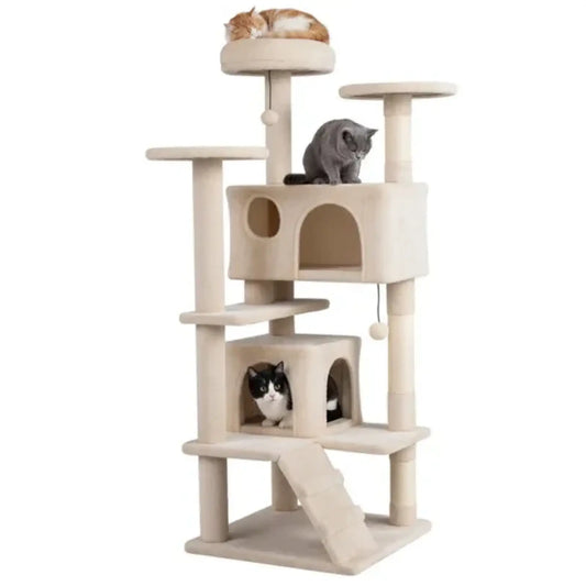 52 Inch Cat Tree Tower with Condos and Perches Beige