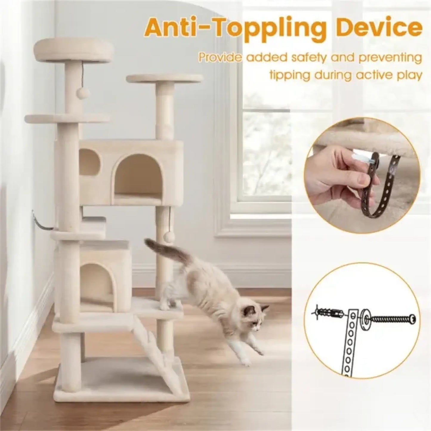 52 Inch Cat Tree Tower with Condos and Perches Beige