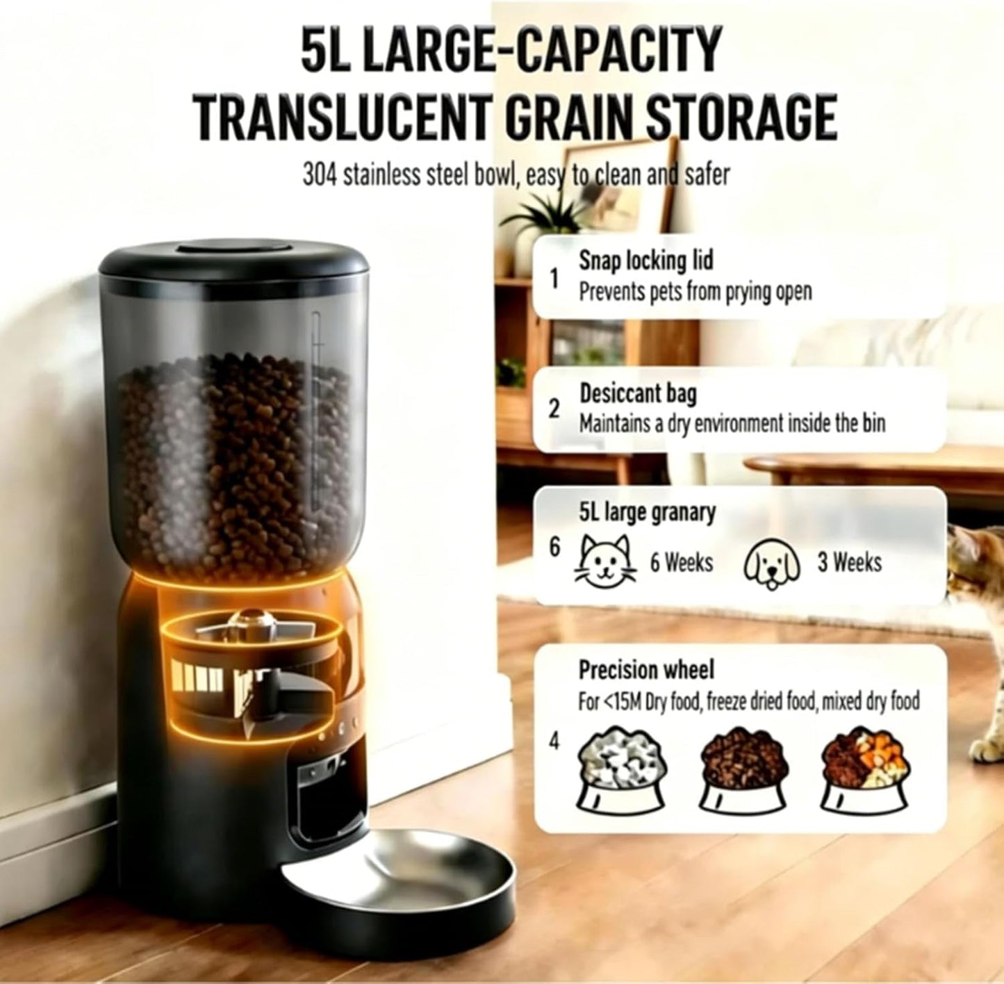 Automatic Pet Feeder Smart Camera 5L WiFi App Control Dual Power