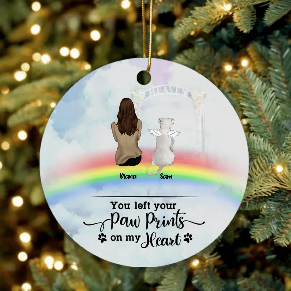 Personalized Memorial Pets Ornament - Man/Woman With Up to 6 Pets - Memorial Gift For Dog Lovers/Cat Lovers - You Left Your Paw Prints On My Heart - AXSIO5
