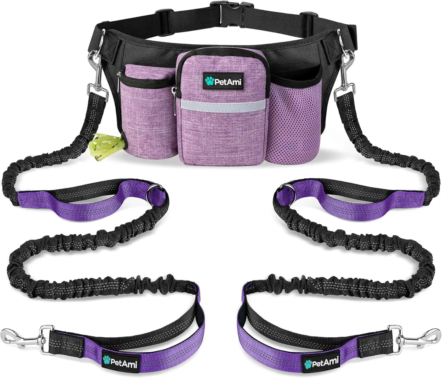 Hands Free Dog Leash Dual Bungee Waist Belt Adjustable Running Walking 2 Dogs