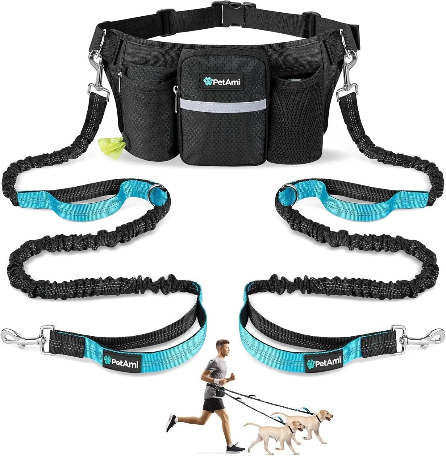 Hands Free Dog Leash Dual Bungee Waist Belt Adjustable Running Walking 2 Dogs