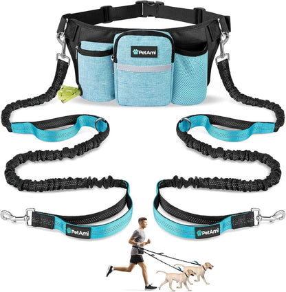 Hands Free Dog Leash Dual Bungee Waist Belt Adjustable Running Walking 2 Dogs