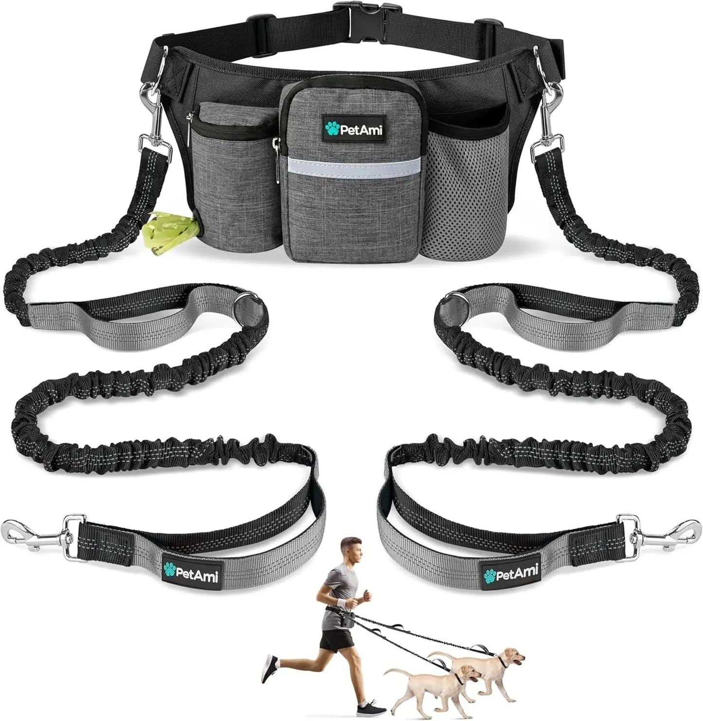 Hands Free Dog Leash Dual Bungee Waist Belt Adjustable Running Walking 2 Dogs