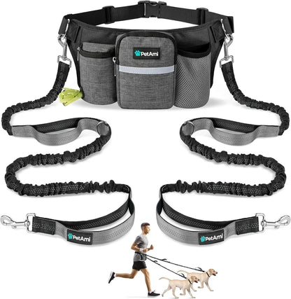 Hands Free Dog Leash Dual Bungee Waist Belt Adjustable Running Walking 2 Dogs