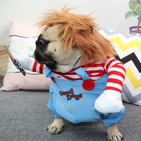 Halloween Pet Dog Clothes Transformed Pet Apparel and Wig for Holiday Party Pet Supplies Funny Bloody Doll With Knife Dog Costum