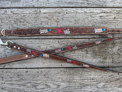 Western Genuine Leather dog collar or leash tooled details of sunflower daisy cactus floral turquoise feather by Double B Wild Rags