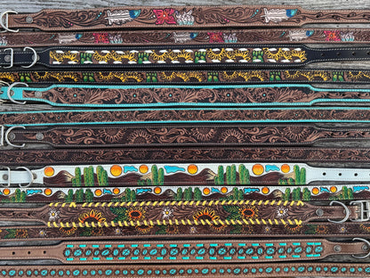 Western Genuine Leather dog collar or leash tooled details of sunflower daisy cactus floral turquoise feather by Double B Wild Rags