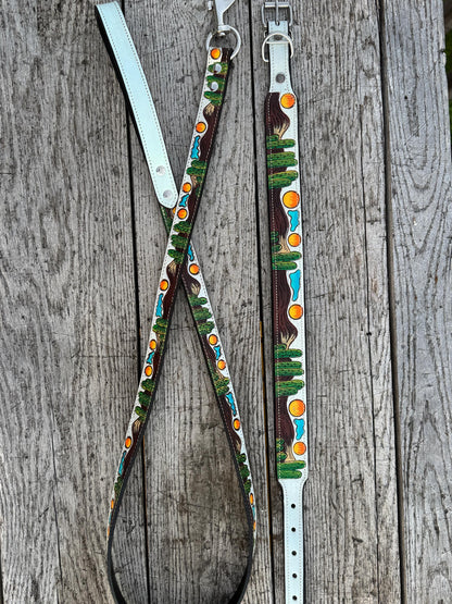 Western Genuine Leather dog collar or leash tooled details of sunflower daisy cactus floral turquoise feather by Double B Wild Rags
