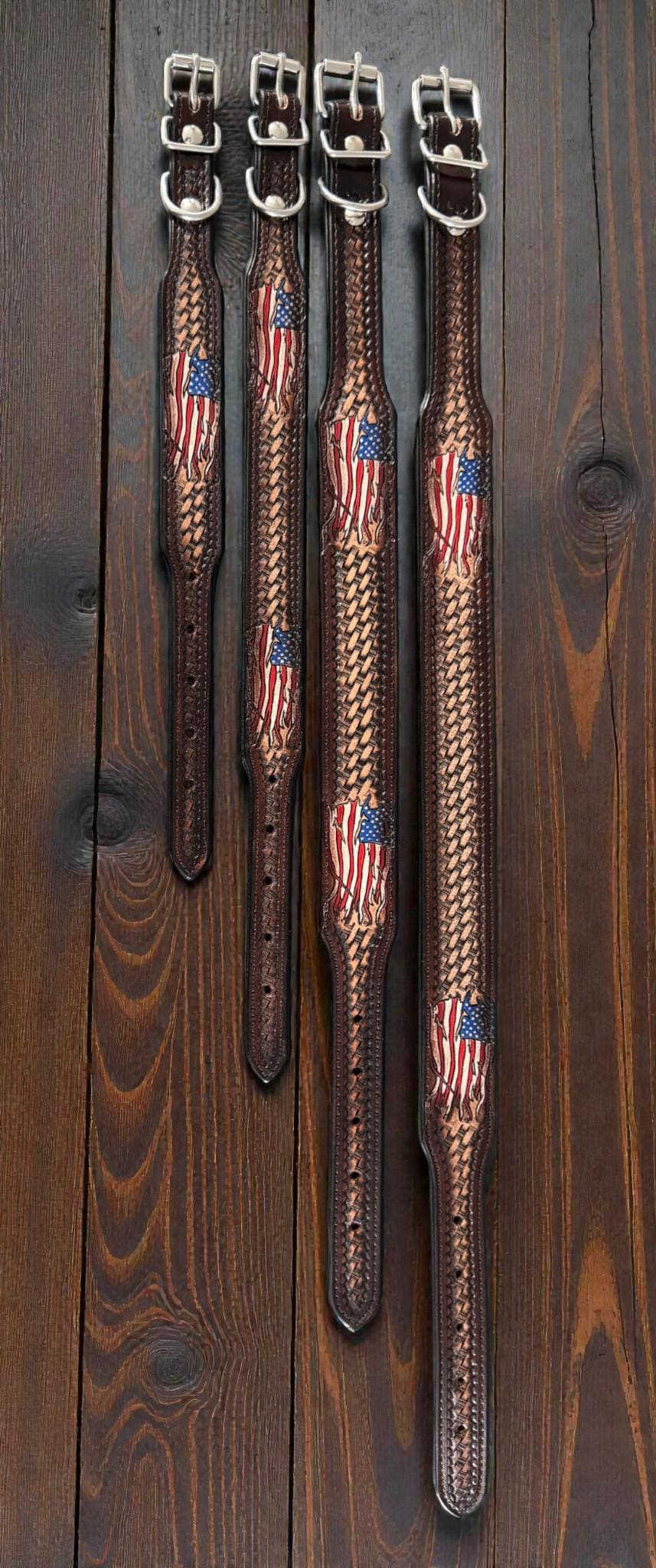 Handmade Western Leather Dog Collar: American Flag Basketweave