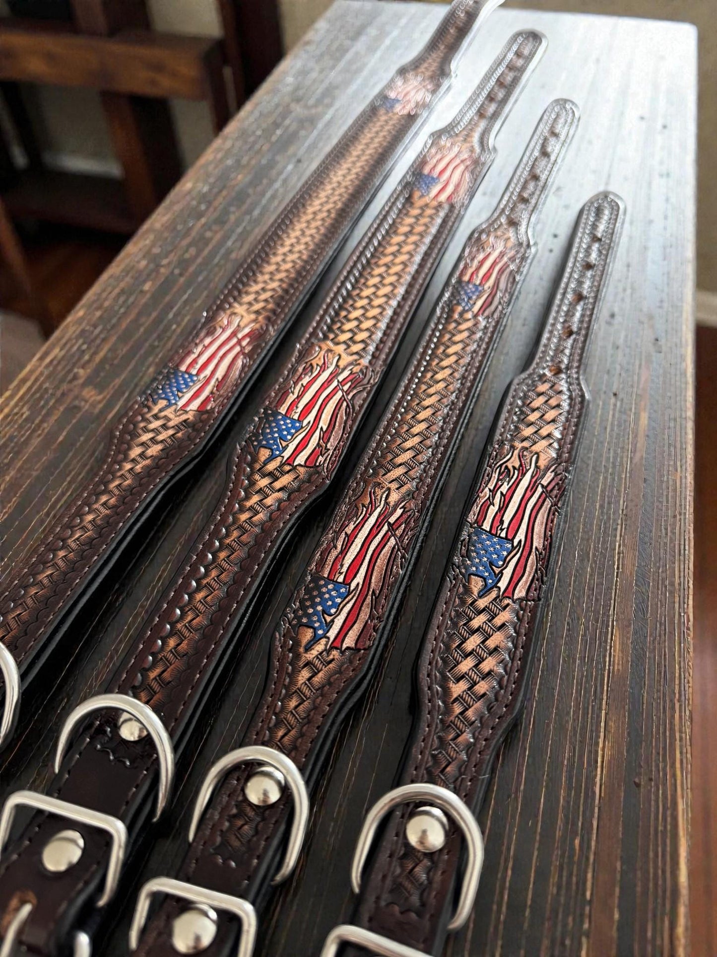 Handmade Western Leather Dog Collar: American Flag Basketweave