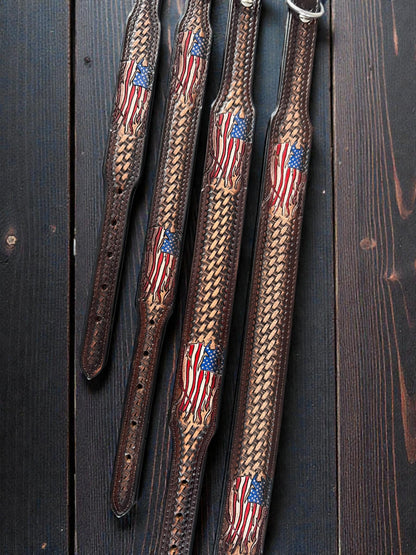 Handmade Western Leather Dog Collar: American Flag Basketweave